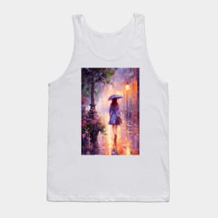 A woman with an umbrella walks along the evening street in the rain. Tank Top